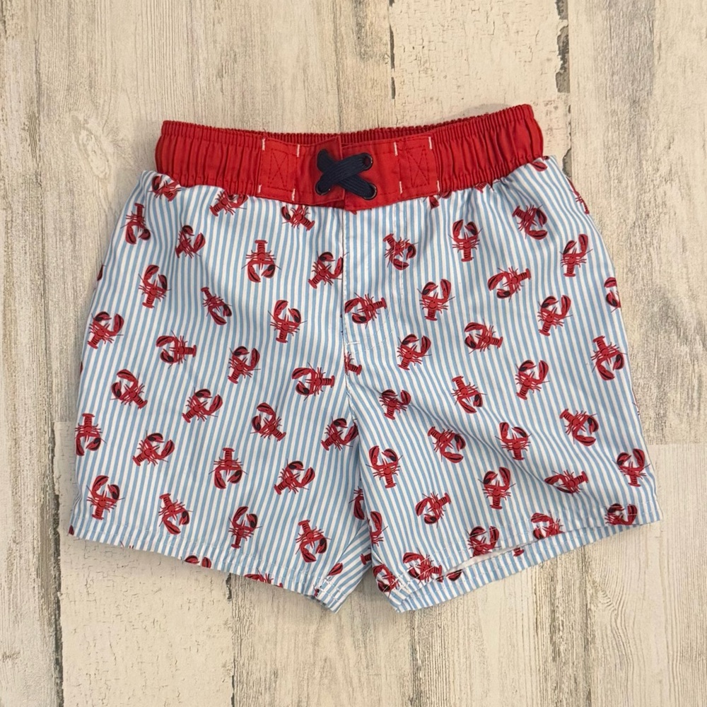 NWOT Cat & Jack Red m White and Blue Swim Trunks with Lobsters